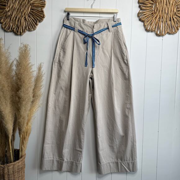 Free People wide-leg pants pleated striped trousers belted cotton 8 - Picture 3 of 10